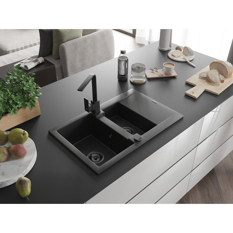 Mexen Gaspar 1,5 rekeszes gránit mosogató medence csepegtetővel és Rita konyhacsappal, fekete - 6507-77-670300-70-B