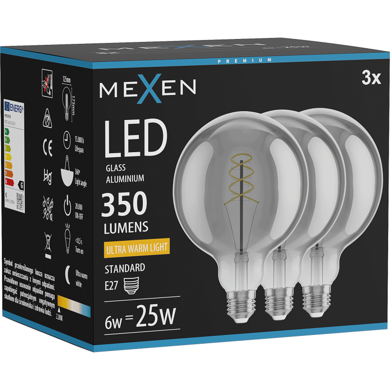 Mexen Vintis 3x Filament spirál LED izzó E27, G125, 6W, Meleg - 2200K, 350 lm, füstszínű - L168-E27-0622-70x03