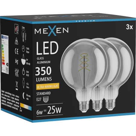 Mexen Vintis 3x Filament spirál LED izzó E27, G125, 6W, Meleg - 2200K, 350 lm, füstszínű - L168-E27-0622-70x03