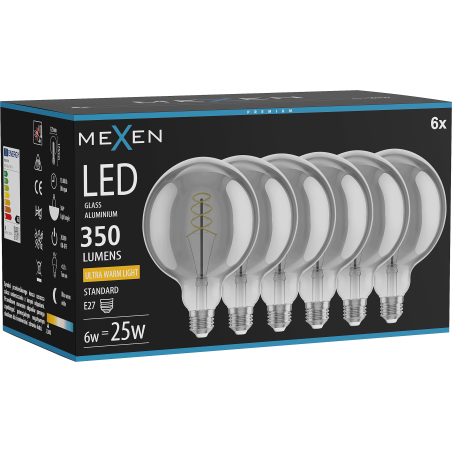 Mexen Vintis 6x Filament spirál LED izzó E27, G125, 6W, Meleg - 2200K, 350 lm, füstös - L168-E27-0622-70x06