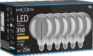 Mexen Vintis 6x Bec spirală filament LED E27, G125, 6W, Cald - 2200K, 350 lm, fumuriu - L168-E27-0622-70x06