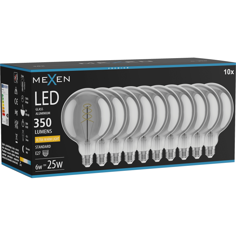Mexen Vintis 10x Bec LED filament spirală E27, G125, 6W, Caldă - 2200K, 350 lm, fumuriu - L168-E27-0622-70x10