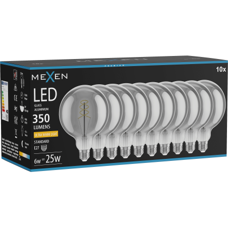 Mexen Vintis 10x LED spirál filament izzó E27, G125, 6W, Meleg - 2200K, 350 lm, füstös - L168-E27-0622-70x10