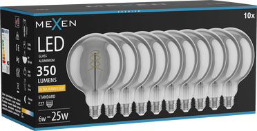 Mexen Vintis 10x LED spirál filament izzó E27, G125, 6W, Meleg - 2200K, 350 lm, füstös - L168-E27-0622-70x10