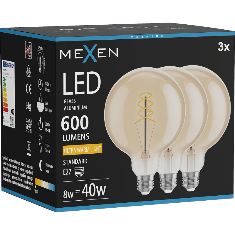 Mexen Vintis 3x Bec LED filament spiral E27, G125, 8W, Cald - 2200K, 600 lm, chihlimbar - L168-E27-0822-50x03