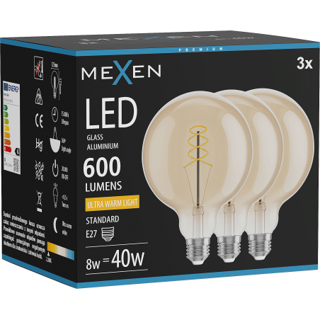 Mexen Vintis 3x LED izzószál spirál izzó E27, G125, 8W, Meleg - 2200K, 600 lm, borostyán - L168-E27-0822-50x03