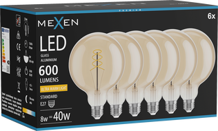 Mexen Vintis 6x Spirális filament LED izzó E27, G125, 8W, Meleg - 2200K, 600 lm, borostyán - L168-E27-0822-50x06