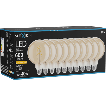 Mexen Vintis 10x LED szálas spirál izzó E27, G125, 8W, Meleg - 2200K, 600 lm, borostyánsárga - L168-E27-0822-50x10