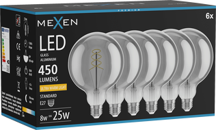 Mexen Vintis 6x LED spirál izzó, E27, G125, 8W, Meleg - 2200K, 450 lm, füstszínű - L168-E27-0822-70x06