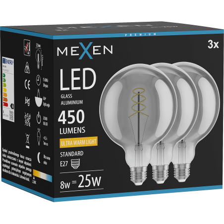 Mexen Vintis 3x LED Fénycsőspirál E27, G125, 8 W, Meleg - 2200K, 450 lm, füstös - L168-E27-0822-70x03