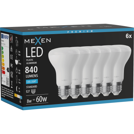 Mexen Nova 6x Bec LED E27, R63, 8W, Rece - 6500K, 840 lm - L104-E27-0865-01x06