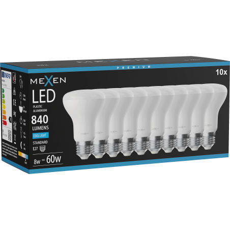 Mexen Nova 10x LED izzó E27, R63, 8W, Hideg - 6500K, 840 lm - L104-E27-0865-01x10