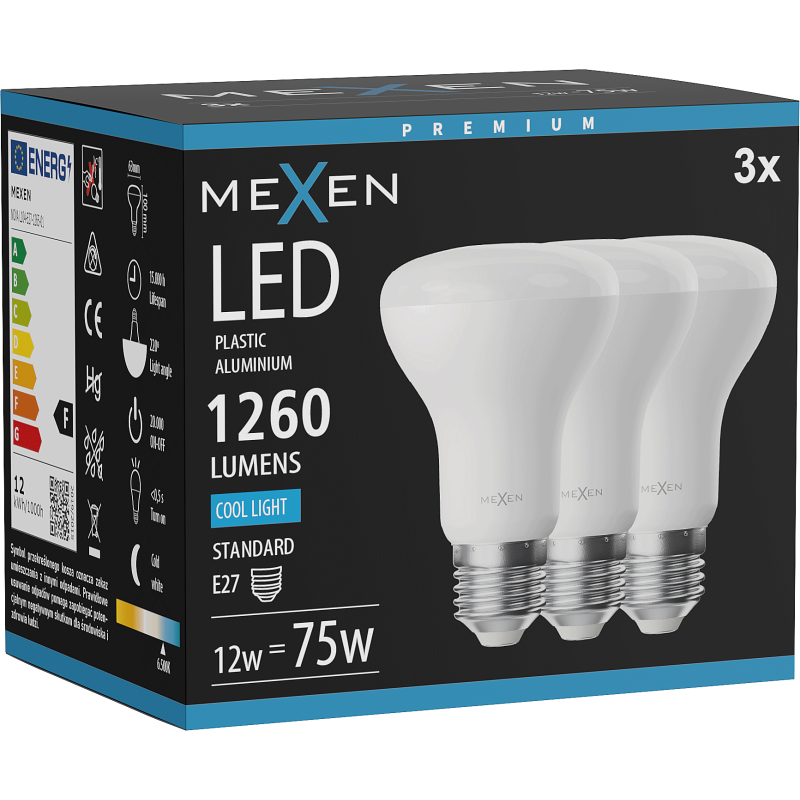 Mexen Nova 3x Bec LED E27, R63, 12W, Rece - 6500K, 1260 lm - L104-E27-1265-01x03