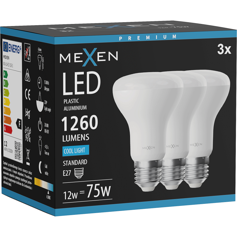 Mexen Nova 3x LED Izzó E27, R63, 12W, Hideg - 6500K, 1260 lm - L104-E27-1265-01x03