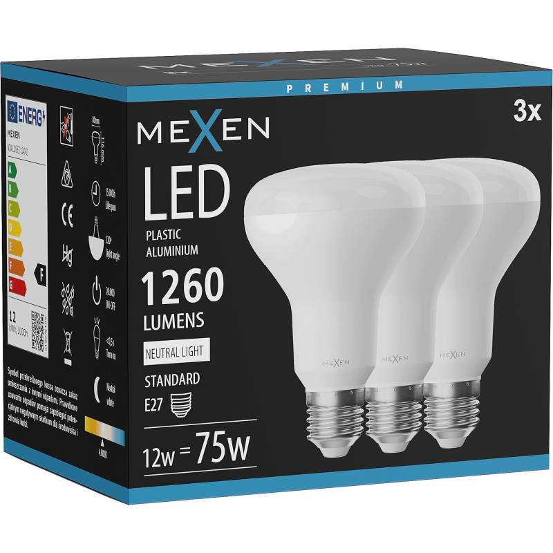 Mexen Nova 3x Bec LED E27, R80, 12W, Neutră - 4000K, 1260 lm - L105-E27-1240-01x03