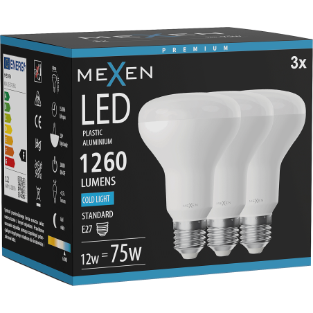 Mexen Nova 3x LED Izzó E27, R80, 12W, Hideg - 6500K, 1260 lm - L105-E27-1265-01x03
