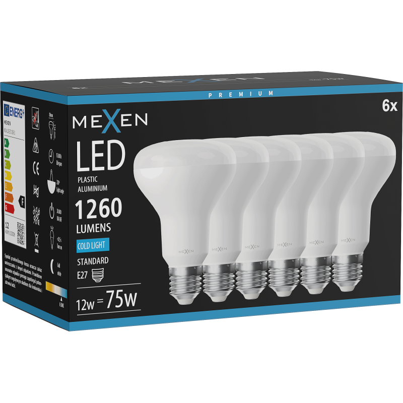 Mexen Nova 6x Bec LED E27, R80, 12W, Rece - 6500K, 1260 lm - L105-E27-1265-01x06