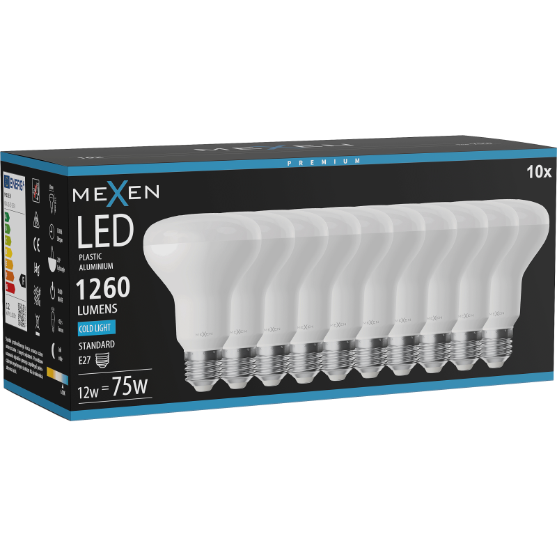 Mexen Nova 10x LED izzó E27, R80, 12W, Hideg - 6500K, 1260 lm - L105-E27-1265-01x10