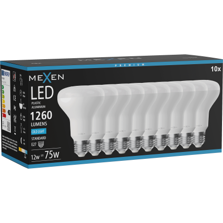 Mexen Nova 10x LED izzó E27, R80, 12W, Hideg - 6500K, 1260 lm - L105-E27-1265-01x10