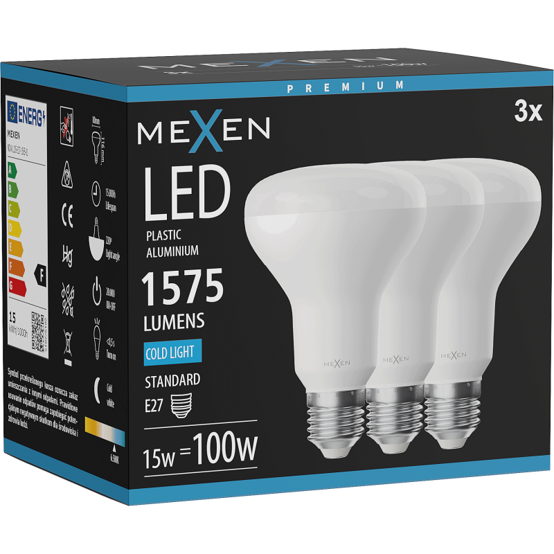 Mexen Nova 3x LED izzó E27, R80, 15W, Hideg - 6500K, 1575 lm - L105-E27-1565-01x03