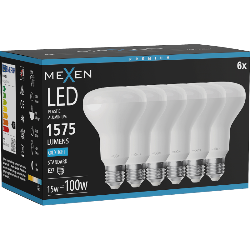 Mexen Nova 6x LED izzó E27, R80, 15W, Hideg - 6500K, 1575 lm - L105-E27-1565-01x06
