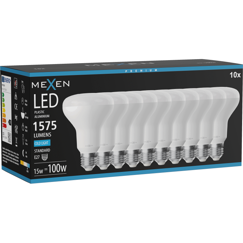 Mexen Nova 10x LED izzó E27, R80, 15W, Hideg - 6500K, 1575 lm - L105-E27-1565-01x10