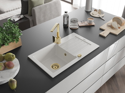 Mexen Pablo chiuvetă de granit cu 1 compartiment și scurgător și baterie de bucătărie Rita, alb - 6510-20-670300-50