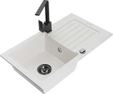 Mexen Pablo chiuvetă de bucătărie din granit cu 1 compartiment, cu scurgător și baterie Rita, albă - 6510-20-670300-70