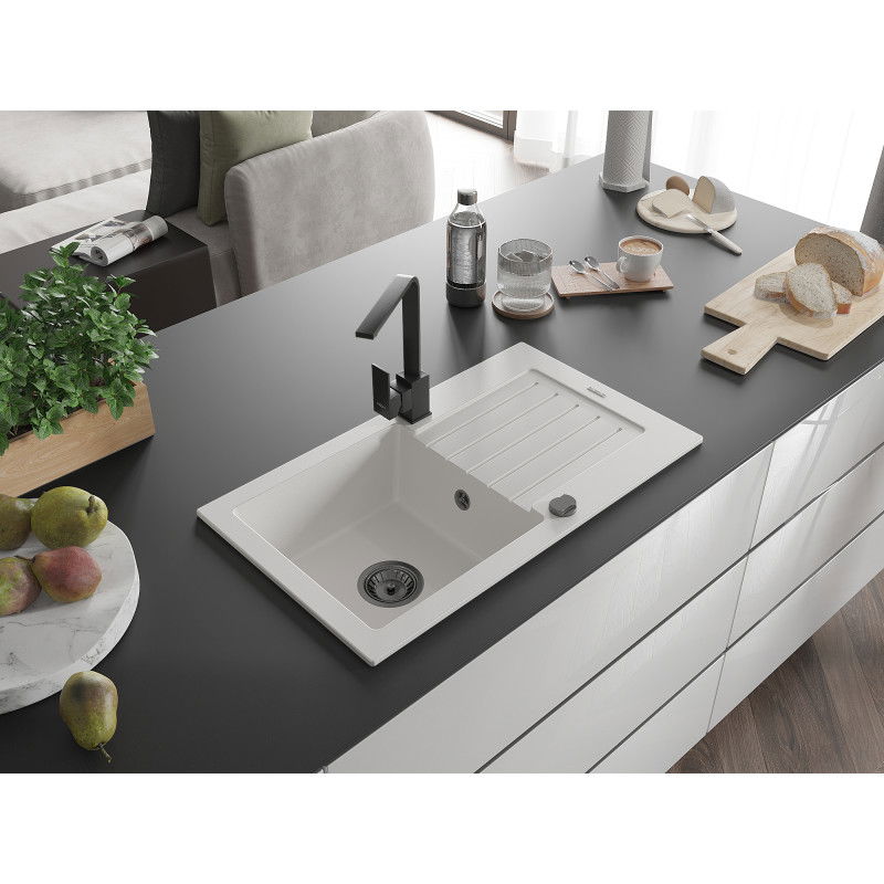 Mexen Pablo chiuvetă de bucătărie din granit cu 1 compartiment, cu scurgător și baterie Rita, albă - 6510-20-670300-70