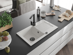 Mexen Pablo egymedencés gránit mosogató csepegtetővel és Rita konyhai csapteleppel, fehér - 6510-20-670300-70