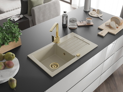 Mexen Pablo chiuvetă din granit cu 1 compartiment cu picurător și baterie de bucătărie Rita, bej - 6510-69-670300-50