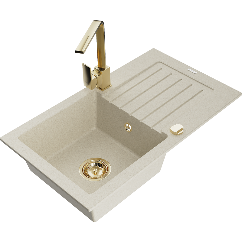 Mexen Pablo chiuvetă din granit cu 1 compartiment cu picurător și baterie de bucătărie Rita, bej - 6510-69-670300-50