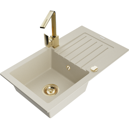 Mexen Pablo chiuvetă din granit cu 1 compartiment cu picurător și baterie de bucătărie Rita, bej - 6510-69-670300-50