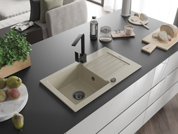 Mexen Pablo chiuvetă granitică cu 1 cuvă, cu scurgător și baterie de bucătărie Rita, bej - 6510-69-670300-70