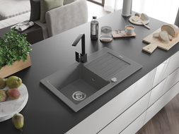 Mexen Pablo chiuvetă de granit cu 1 compartiment, cu scurgător și baterie de bucătărie Rita, gri - 6510-71-670300-70