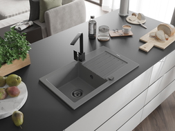 Mexen Pablo chiuvetă din granit cu 1 compartiment cu scurgător și baterie bucătărie Rita, gri - 6510-71-670300-70-B