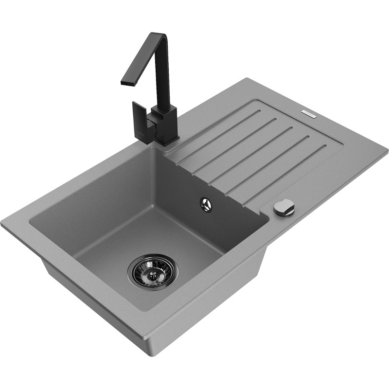 Mexen Pablo chiuvetă de bucătărie din granit cu 1 compartiment și baterie de bucătărie Rita, gri - 6510-71-670300-70-B