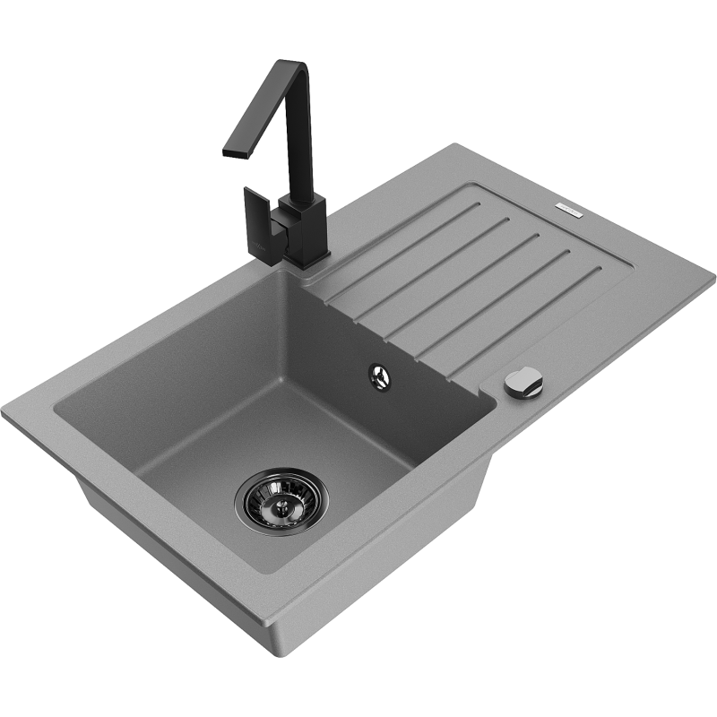 Mexen Pablo gránit egymedencés mosogató csepegtetővel és Rita konyhai csapteleppel, szürke - 6510-71-670300-70-B