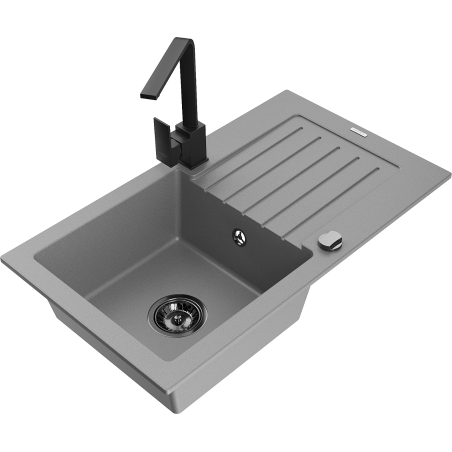 Mexen Pablo gránit egymedencés mosogató csepegtetővel és Rita konyhai csapteleppel, szürke - 6510-71-670300-70-B
