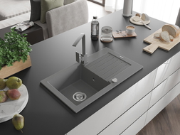 Mexen Pablo chiuvetă din granit cu 1 compartiment cu scurgător și baterie de bucătărie Rita, gri - 6510-71-670300-71