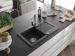 Mexen Pablo chiuvetă granit 1 compartiment cu scurgător și baterie bucătărie Rita, negru/auriu metalic- 6510-75-670300-00