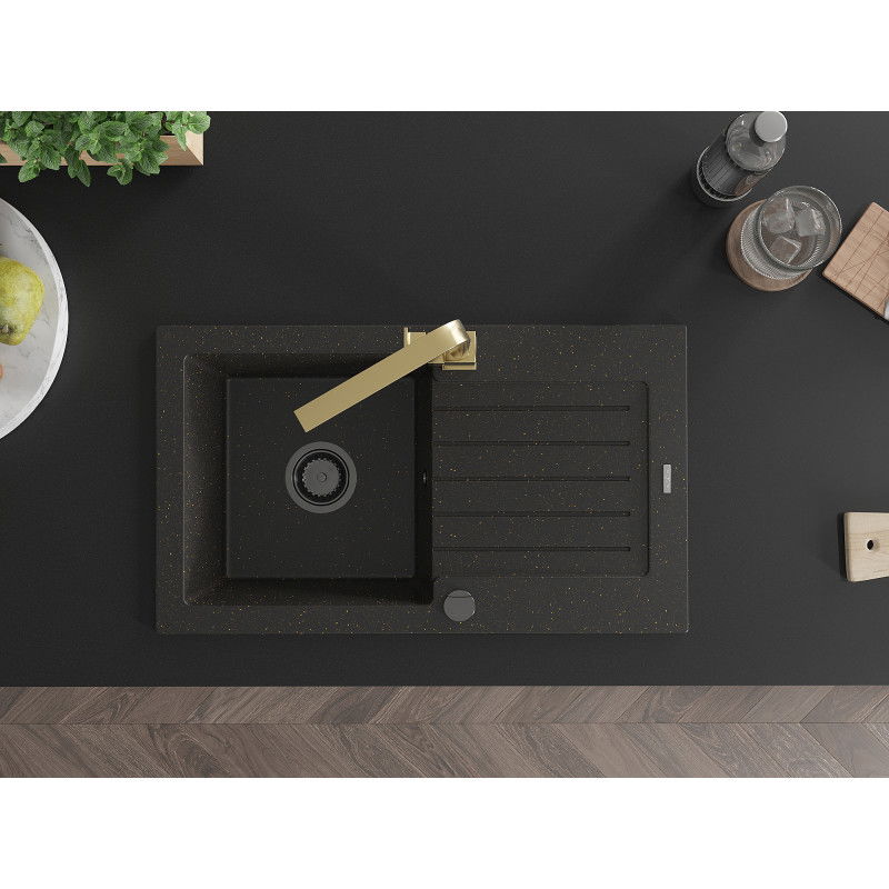 Mexen Pablo 1 rekeszes gránit mosogató csepegtetővel és Rita konyhai csapteleppel, fekete/arany metál- 6510-75-670300-50-B