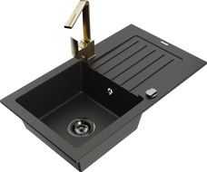Mexen Pablo 1 rekeszes gránit mosogató csepegtetővel és Rita konyhai csapteleppel, fekete/arany metál- 6510-75-670300-50-B