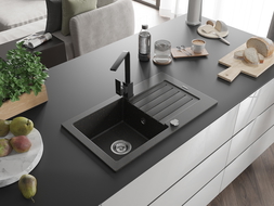 Mexen Pablo chiuvetă granit 1-cameră cu scurgător și baterie de bucătărie Rita, negru/auriu metalizat- 6510-75-670300-70