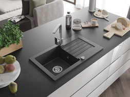 Mexen Pablo chiuvetă de granit cu 1 cameră cu scurgător și baterie de bucătărie Rita, negru cu pete - 6510-76-670300-00