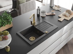 Mexen Pablo chiuvetă de granit cu 1 compartiment, cu scurgător și baterie de bucătărie Rita, negru cu pete