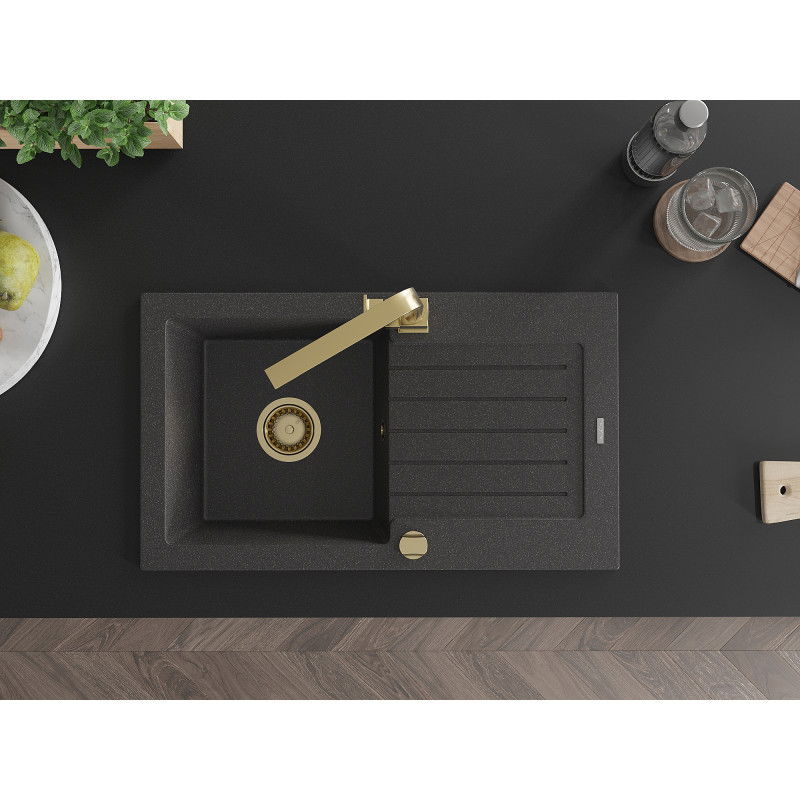 Mexen Pablo chiuvetă de granit cu 1 compartiment, cu scurgător și baterie de bucătărie Rita, negru cu pete