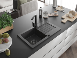 Mexen Pablo chiuvetă din granit cu 1 compartiment cu scurgător și baterie de bucătărie Rita, negru cu pete