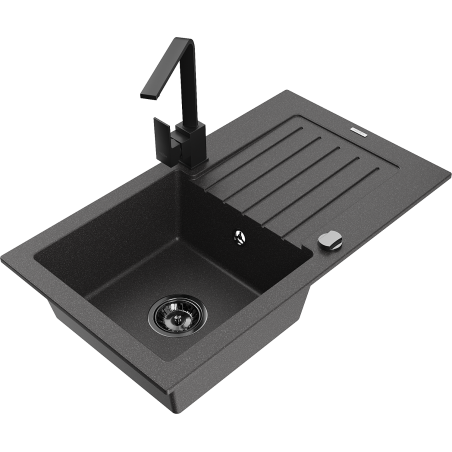 Mexen Pablo chiuvetă din granit cu 1 compartiment cu scurgător și baterie de bucătărie Rita, negru cu pete