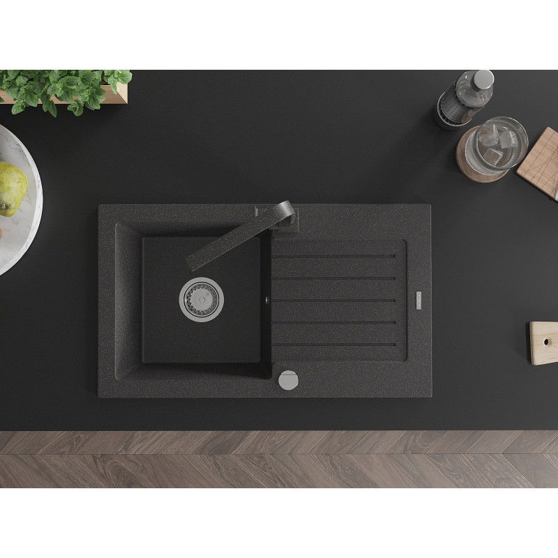 Mexen Pablo egymedencés gránit mosogató csepegtetővel és Rita konyhai csapteleppel, fekete pöttyös- 6510-76-670300-76